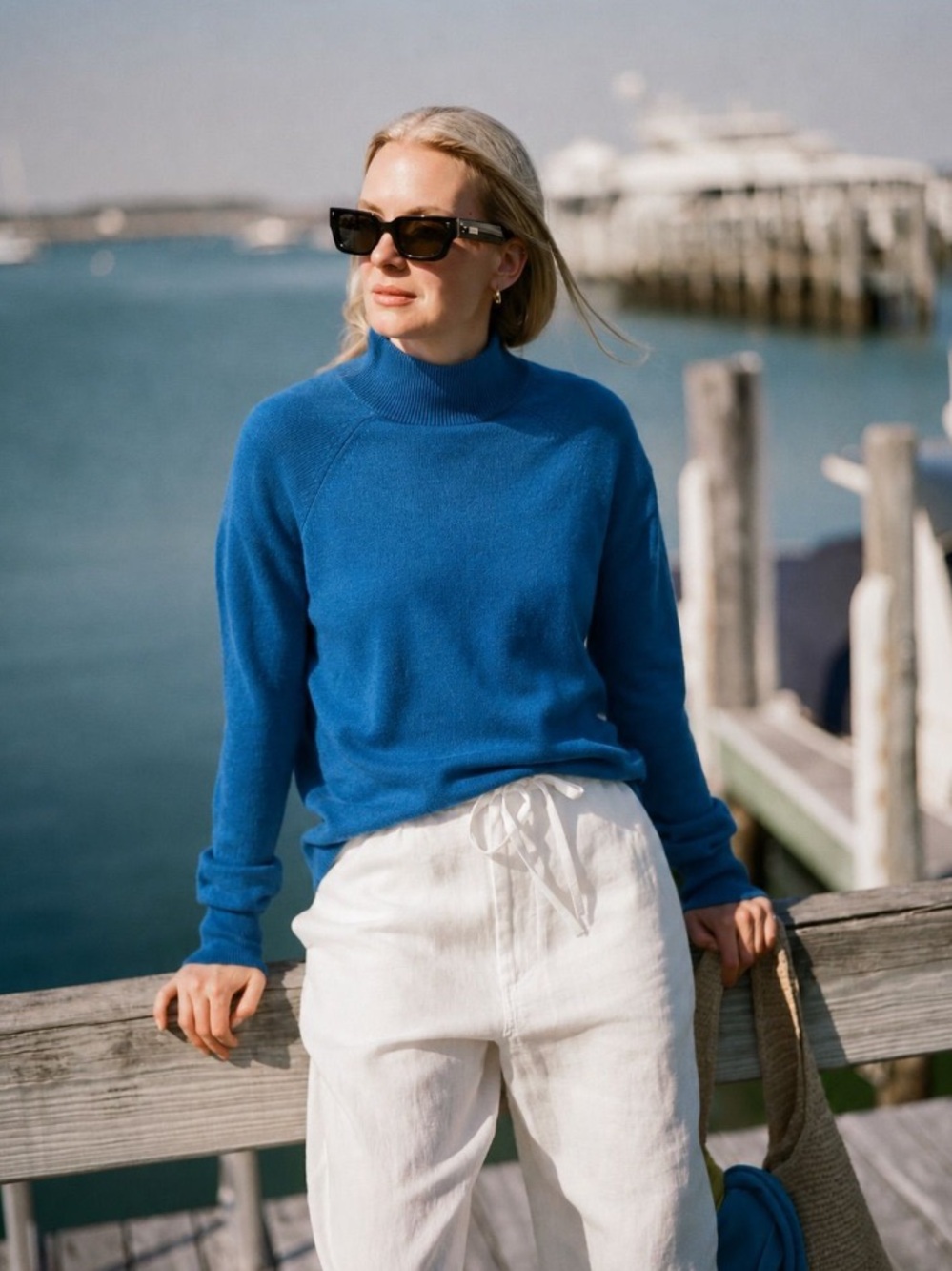 White + Warren Sweater Blue Cotton Silk Blend Turtleneck Hi Lo Oversized XS